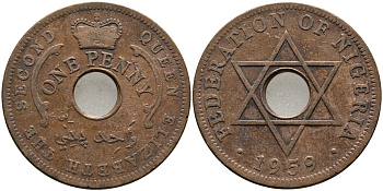 Нигерия 1 пенни 1959 Елизавета II (1952-), Британский протекторат KM 2 бронза 51-226