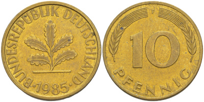ФРГ 10 ПФЕННИГОВ 1985 F KM 108, J. 383 сталь плакированная латунью 4182-942