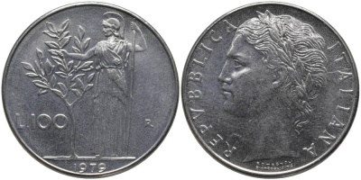 ИТАЛИЯ 100 ЛИР 1979 R, АФИНА KM 96.1 нержавеющая сталь 109-923