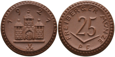 Фрайберг 25 пфеннигов 1921  Men05 8084, Men18 10080 фарфор     AUC2-8-57