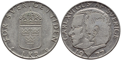 Швеция 1 крона 1977 Карл XVI Густав (1973- ) KM 852 медь плакированная медно-никелем 4397-836