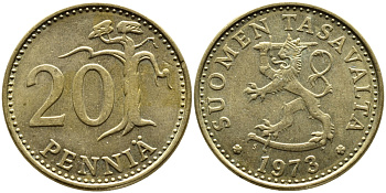 ФИНЛЯНДИЯ 20 ПЕННИ 1973 S KM 47 алюминиевая бронза 4385-325