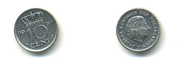 НИДЕРЛАНДЫ 10 ЦЕНТОВ 1967 ЮЛИАНА KM 182 никель 4364-537