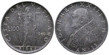 ВАТИКАН 100 ЛИР 1960 ДЖОН XXIII KM 64.2 сталь 83-1145