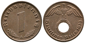 Германия 1 рейхспфенниг 1939 A KM 89, J. 361 бронза    220-363