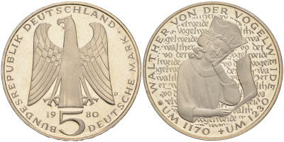 ФРГ 5 МАРОК 1980 D, 750 ЛЕТ СО ДНЯ СМЕРТИ ВАЛЬТЕРА фон дер ФОГЕЛЬВЕЙДЕ KM 152, J. 427 медно-никель плакированный никелем плакированный никелем PROOF 02-265-32