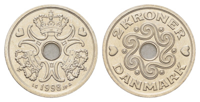 Дания 2 кроны 1998 Маргрете II (1972-2024) KM 874 медно-никель UNC 176-547