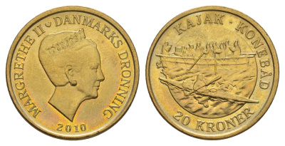 Дания 20 крон 2010 Корабли - Каяк-Умиак KM 940 алюминиевая бронза UNC M69-05