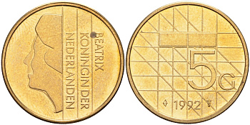 Нидерланды 5 гульденов 1992 Беатрикс (1980-2013) KM 210 никель плакированный бронзой 4116-157