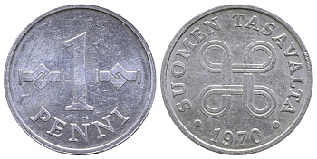 ФИНЛЯНДИЯ 1 ПЕННИ 1970 KM 44a алюминий 4379-312