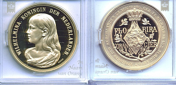 НИДЕРЛАНДЫ МЕДАЛЬ ND КОРОЛЕВА НИДЕРЛАНДОВ ВИЛЬГЕЛЬМИНА, РОДИЛАСЬ 31 АВГУСТА 1880, ВСТУПИЛА НА ПРЕСТОЛ 23 НОЯБРЯ 1890 бронза, позолота PROOF 5-3-1-99