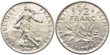 ФРАНЦИЯ 1/2 ФРАНКА 1997 СЕЯТЕЛЬ KM 931.1, LE FRANC 198.40 никель 175-1225