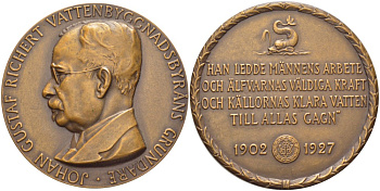 ШВЕЦИЯ МЕДАЛЬ 1927 ИНЖЕНЕР ЙОХАН ГУСТАВ РИЧЕРТ, ПРОЗРАЧНАЯ ВОДА НА БЛАГО КАЖДОГО, ДИАМЕТР 56 ММ, ВЕС 75,37 ГР. бронза 1089-6-43