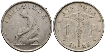 Бельгия 1 франк 1923 Belgique, Альберт I (1909-1934) KM 89 никель 4601-634