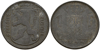 Бельгия 1 франк 1944 Belgie - Belgique, Леопольд III (1934-1947), германская оккупация, Вторая мировая война KM 128 цинк 4161-545