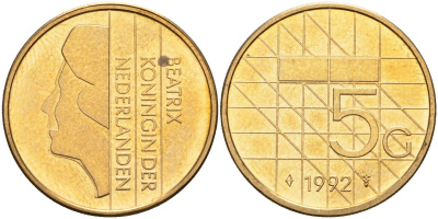 Нидерланды 5 гульденов 1992 Беатрикс (1980-2013) KM 210 никель плакированный бронзой 4116-157