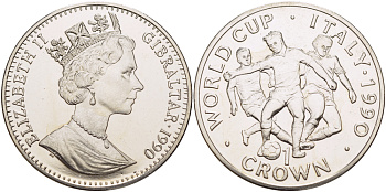 Гибралтар 1 крона 1990 чемпионат мира по футболу в Италии 1990 года, три игрока KM 38 медно-никель BUNC 1084-8-11