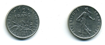 ФРАНЦИЯ 1/2 ФРАНКА 1966 СЕЯТЕЛЬ KM 931.1, LE FRANC 198.5 никель 57-1148