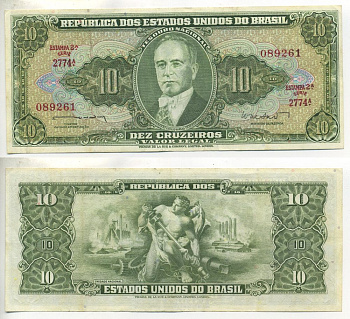 БРАЗИЛИЯ 10 КРУЗЕЙРО 1962 ПОДПИСЬ 10 Pick 177a бумага 3295-11-3