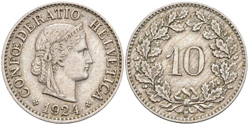 Швейцария 10 раппенов 1924 В KM 27 медно-никель 3309-366