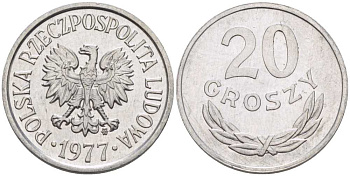 ПОЛЬША 20 ГРОШЕЙ 1977 MW KM А47 алюминий 201-464