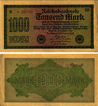 ГЕРМАНИЯ 1000 МАРОК 1922 15 СЕНТЯБРЯ 1922, ВОДЯНОЙ ЗНАК I, ЖЕЛТАЯ БУМАГА, СЕРИЯ SВ Pick 76b, Rosenberg 75d бумага 7183-62-3-2