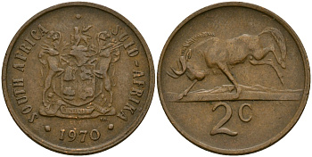 ЮАР 2 цента 1970 герб, антилопа гну KM 83 бронза 4135-941
