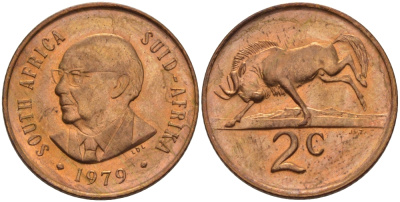 ЮАР 2 ЦЕНТА 1979 ПРЕЗИДЕНТ НИКОЛААС ЙОХАННЕС ДИДЕРИХС, АНТИЛОПА ГНУ KM 99 бронза UNC 67-325