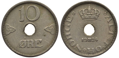 Норвегия 10 эре 1924 Хокон VII (1905-1957) KM 383 медно-никель 4549-945