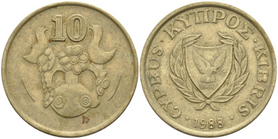 Кипр 10 центов 1988 KM 56.2 никель латунь 4141-1143