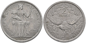 Французская Новая Каледония 2 франка 1977 птица кагу, (IEOM) KM 14, Schoen 11, Lec 58 алюминий    08-735