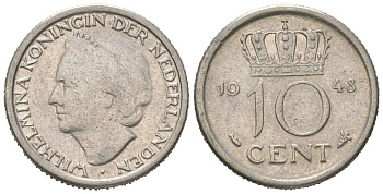 Нидерланды 10 центов 1948 Вильгельмина (1895-1948) KM 177 никель 4173-919