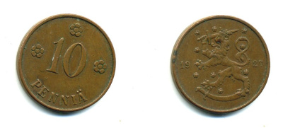 Финляндия 10 пенни 1927 республика (1918-1962) KM 24 медь 46-1557