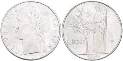 ИТАЛИЯ 100 ЛИР 1960 R, АФИНА, ДИАМЕТР 28 ММ. KM 96.1 нержавеющая сталь 4521-1121