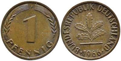 ФРГ 1 ПФЕННИГ 1966 J KM 105, J.380 сталь плакированная медью 4392-439