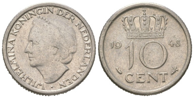 Нидерланды 10 центов 1948 Вильгельмина (1895-1948) KM 177 никель 4173-919