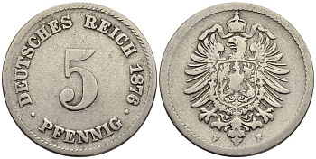 ГЕРМАНИЯ 5 ПФЕННИГОВ 1876 F, СТАРОГЕРБОВКА KM 3, Jager 3, Weege 5 медно-никель 4546-1045