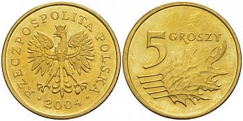 Польша 5 грошей 2004 MW KM 278, Parchimowicz 703k латунь UNC 4516-1163