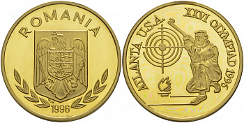 Румыния 100 леев 1996 XXVI Олимпийские игры 1996 года в Атланте, 100 лет Олимпийскому движению, стрельба, пробный выпуск  латунь  PROOF  11-204-45