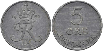 ДАНИЯ 5 ЭРЕ 1957 C; S, ФРЕДЕРИК IX (1947-1972) KM 843.2 цинк 38-413