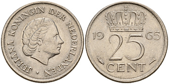Нидерланды 25 центов 1965 Юлиана (1949-1980) KM 183 никель    4598-424