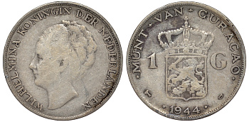Нидерландское Кюрасао 1 гульден 1944 D, Вильгельмина (1890-1948) KM 45 серебро 36-551