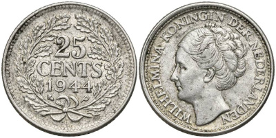 Нидерланды 25 центов 1944 Вильгельмина (1890-1948) KM 164 серебро 4549-1061