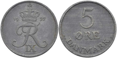 ДАНИЯ 5 ЭРЕ 1957 C; S, ФРЕДЕРИК IX (1947-1972) KM 843.2 цинк 38-413