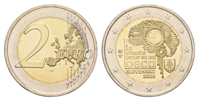 Словакия 2 евро 2020 20 лет вступлению Словакии в ОЭСР KM 170 биметалл UNC 68-926