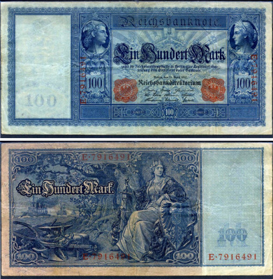 Германия 100 марок 1910 21 апреля 1910, красная печать, Меркурий и Церера, голубая бумага Pick 42 (2) бумага 2194-33-1-2