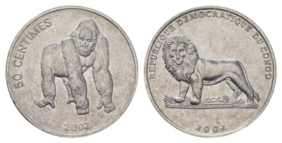 ДР Конго 50 сантимов 2002 Животные - Горилла KM 79 алюминий UNC 4626-427