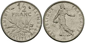 Франция 1/2 франка 1965 сеятель KM 931, Le Franc 198.3 никель 4135-645
