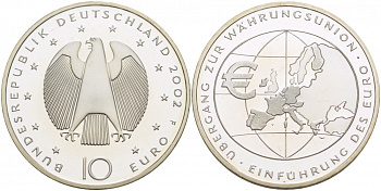 ФРГ 10 евро 2002 F, введение европейской валюты KM 215, DE.S. 10.1 серебро PROOF 1087-4-21