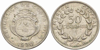 КОСТА-РИКА 50 СЕНТИМО 1970 P, В.С.С.R., ПАРУСНИК KM 189.3 медно-никель 35-425